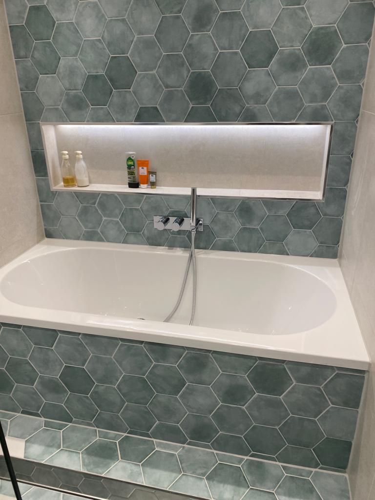 Closeup of newly completed bath and shower area